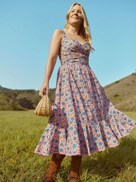 Carolyn Cross-Bust Top - Pale Magenta & Indigo Floral