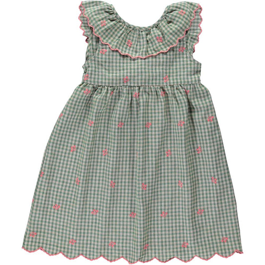 Uma Embroidery Dress - Green Gingham