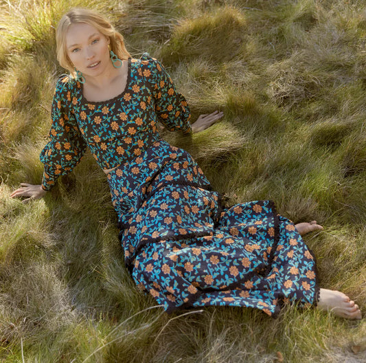 Victoria Embroidered Top - Faded Black/Bright Clementine & Moss Floral print