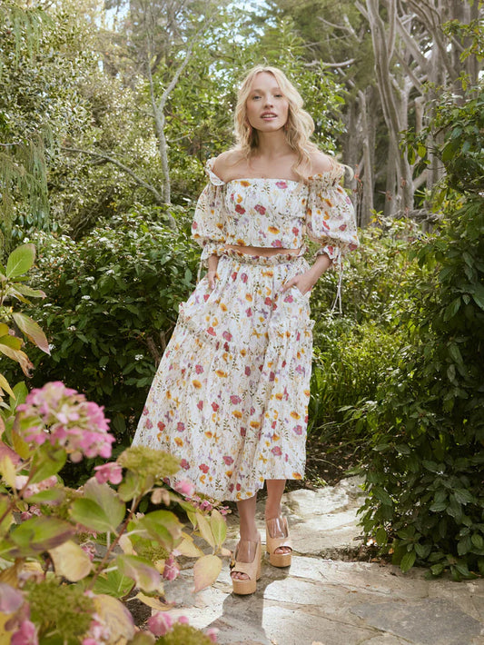 Lucile Ruffled Midi Skirt - Alabaster & Multicolor Floral