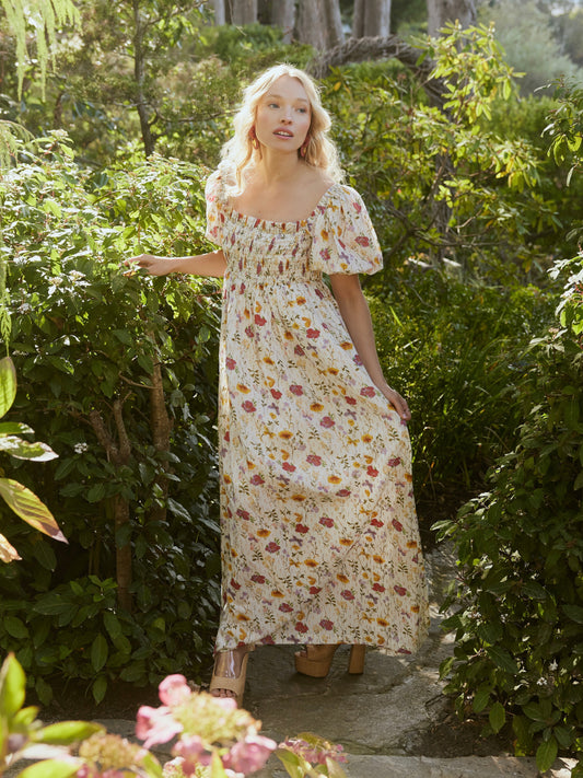 Aurora Puff Sleeve maxi Dress - Alabaster Multicolor Floral