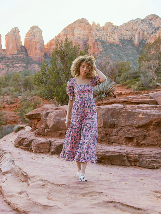 Barbara Square Neck Dress - Pale Magenta & Indigo Floral