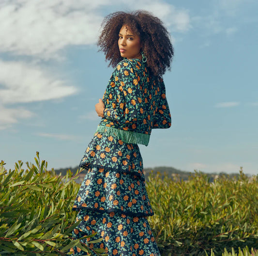 Brenda Tiered Maxi Skirt - Faded Black/Bright Clementine & Moss Floral print