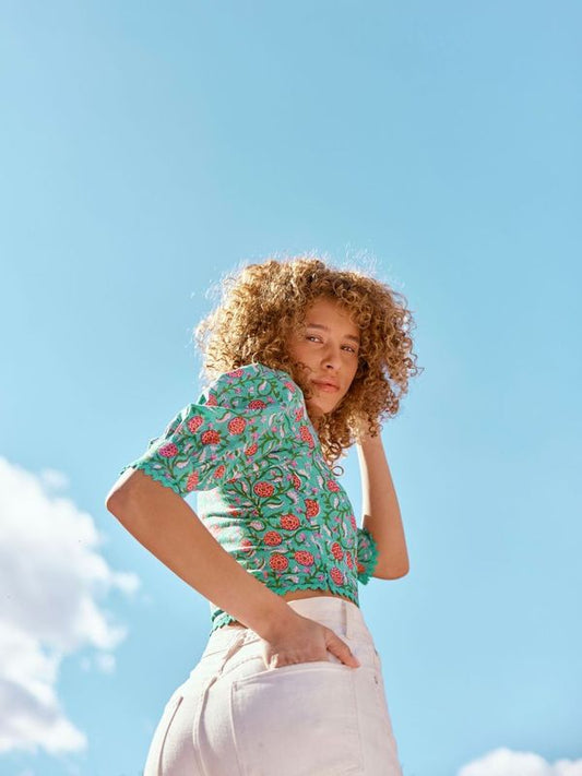 Frances Square Neck Top - Teal & Cerise Floral